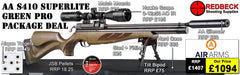 The Air Arms S410 Superlite Hunter Green professional package deals includes the super light S400 rifle, Air Arms Silencer, Hawke 3-12x50 AO IR Scope, Match Mounts, Hardcase, Bipod and Stud, Pellets and Targets.