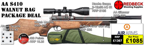 The Air Arms S410 Walnut Bag package deal includes s410 with a walnut stock, hawke 3-12x50 ao ir scope, match mounts, air arms silencer, airgun bag, pellets and targets.