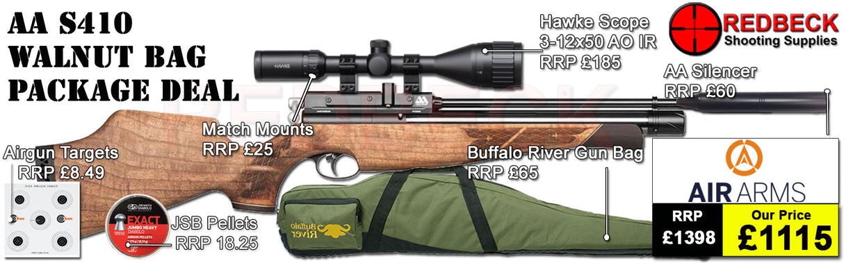 The Air Arms S410 Walnut Bag package deal includes s410 with a walnut stock, hawke 3-12x50 ao ir scope, match mounts, air arms silencer, airgun bag, pellets and targets.