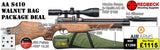 The Air Arms S410 Walnut Bag package deal includes s410 with a walnut stock, hawke 3-12x50 ao ir scope, match mounts, air arms silencer, airgun bag, pellets and targets.