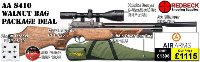 The Air Arms S410 Walnut Bag package deal includes s410 with a walnut stock, hawke 3-12x50 ao ir scope, match mounts, air arms silencer, airgun bag, pellets and targets.