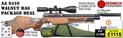 The Air Arms S410 Walnut Bag package deal includes s410 with a walnut stock, hawke 3-12x50 ao ir scope, match mounts, air arms silencer, airgun bag, pellets and targets.