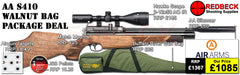The Air Arms S410 Walnut Bag package deal includes s410 with a walnut stock, hawke 3-12x50 ao ir scope, match mounts, air arms silencer, airgun bag, pellets and targets.