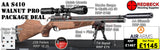 The Air Arms S410 Walnut professional package deals includes the S410 walnut rifle, Air Arms Silencer, Hawke 3-12x50 AO IR Scope, Match Mounts, Hardcase, Bipod and Stud, Pellets and Targets.