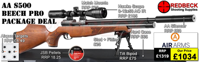 The Air Arms S500 with beech stock Professional air rifle package deal. The package deal comes with an Air Arms Silencer, Hawke 3-12x50 AO IR Scope, Match Mounts, Hard Case, Bipod Adapter and Tilt Bipod.