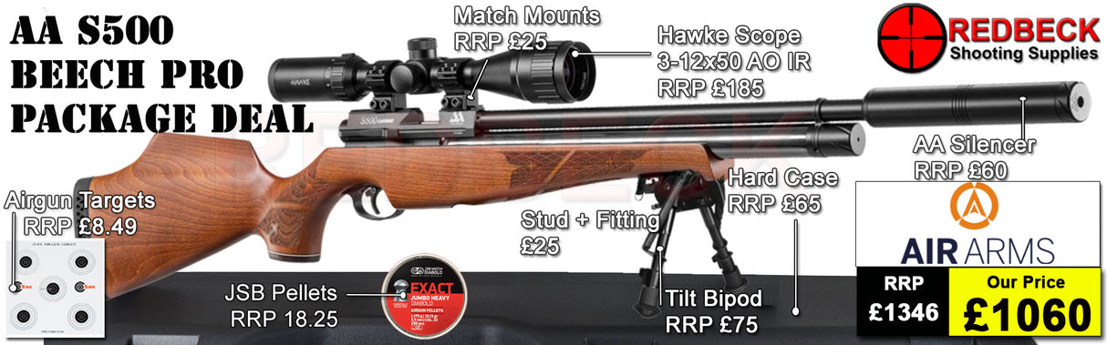 The Air Arms S500 with beech stock Professional air rifle package deal. The package deal comes with an Air Arms Silencer, Hawke 3-12x50 AO IR Scope, Match Mounts, Hard Case, Bipod Adapter and Tilt Bipod.