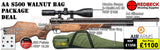 The Air Arms S500 Walnut Bag package deal includes S500 with walnut sporter stock, hawke 2-12x50 ao ir scope, match mounts, air arms silencer, airgun bag, pellets and targets.