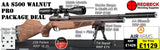The Air Arms S500 with walnut stock Professional air rifle package deal. The package deal comes with an Air Arms Silencer, Hawke 3-12x50 AO IR Scope, Match Mounts, Hard Case, Bipod Adapter and Tilt Bipod.