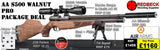 The Air Arms S500 with walnut stock Professional air rifle package deal. The package deal comes with an Air Arms Silencer, Hawke 3-12x50 AO IR Scope, Match Mounts, Hard Case, Bipod Adapter and Tilt Bipod.