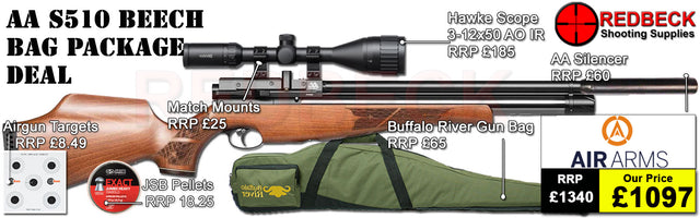 Air Arms S510 with Beech Stock
Air Arms Silencer&nbsp;
Hawke 3-12x50 AO IR Scope
Match Mounts
2 Magazines
Fill Valve
Buffalo River bag
Pellets
Targets