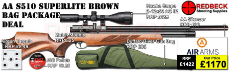 Air Arms S510&nbsp;Superlite air rifle
Air Arms&nbsp;Silencer&nbsp;
Hawke 3-12x50 AO IR Scope
Match Mounts
2 Magazines
Fill Valve
Pellets
Targets
Buffalo River Bag