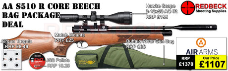 Air Arms S510 R Core Regulated Beech Stock Bag Package includes

A fully tested certificated quality rifle.
A detailed test certificate
manufacturers Guarantee
Air Arms S510 R Core Regulated Beech Stock
Hawke Vantage 3-12x50 AO IR Scope
Match Mounts
Buffalo river Gun bag
pellets
Targets
2 magazines
Silencer