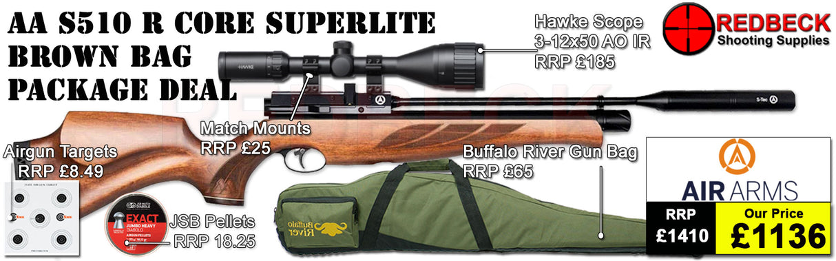 Air Arms S510 R Core Regulated Superlite Brown  Stock Bag Package includes

A fully tested certificated quality rifle.
A detailed test certificate
manufacturers Guarantee
Air Arms S510 R Core Regulated Superlite Brown Stock
Hawke Vantage 3-12x50 AO IR Scope
Match Mounts
Buffalo river Gun bag
pellets
Targets
2 magazines
Silencer
