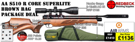 Air Arms S510 R Core Regulated Superlite Brown  Stock Bag Package includes

A fully tested certificated quality rifle.
A detailed test certificate
manufacturers Guarantee
Air Arms S510 R Core Regulated Superlite Brown Stock
Hawke Vantage 3-12x50 AO IR Scope
Match Mounts
Buffalo river Gun bag
pellets
Targets
2 magazines
Silencer