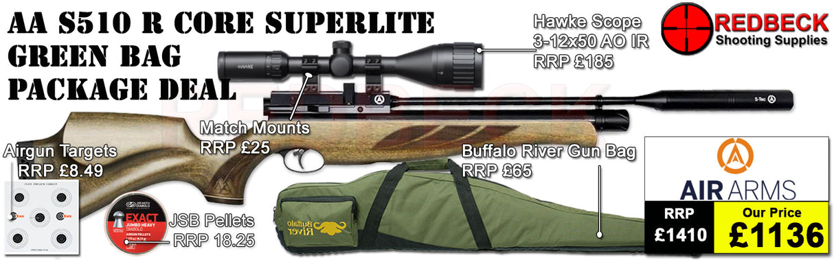 Air Arms S510 R Core Regulated Superlite Green Stock Bag Package includes

A fully tested certificated quality rifle.
A detailed test certificate
manufacturers Guarantee
Air Arms S510 R Core Regulated Superlite Green Stock
Hawke Vantage 3-12x50 AO IR Scope
Match Mounts
Buffalo river Gun bag
pellets
Targets
2 magazines
Silencer