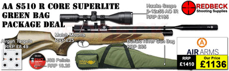 Air Arms S510 R Core Regulated Superlite Green Stock Bag Package includes

A fully tested certificated quality rifle.
A detailed test certificate
manufacturers Guarantee
Air Arms S510 R Core Regulated Superlite Green Stock
Hawke Vantage 3-12x50 AO IR Scope
Match Mounts
Buffalo river Gun bag
pellets
Targets
2 magazines
Silencer