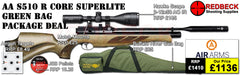 Air Arms S510 R Core Regulated Superlite Green Stock Bag Package includes

A fully tested certificated quality rifle.
A detailed test certificate
manufacturers Guarantee
Air Arms S510 R Core Regulated Superlite Green Stock
Hawke Vantage 3-12x50 AO IR Scope
Match Mounts
Buffalo river Gun bag
pellets
Targets
2 magazines
Silencer