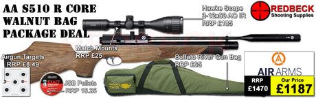Air Arms S510 R Core Regulated Walnut Stock Bag Package includes

A fully tested certificated quality rifle.
A detailed test certificate
manufacturers Guarantee
Air Arms S510 R Core Regulated Walnut Stock
Hawke Vantage 3-12x50 AO IR Scope
Match Mounts
Buffalo river Gun bag
pellets
Targets
2 magazines
Silencer