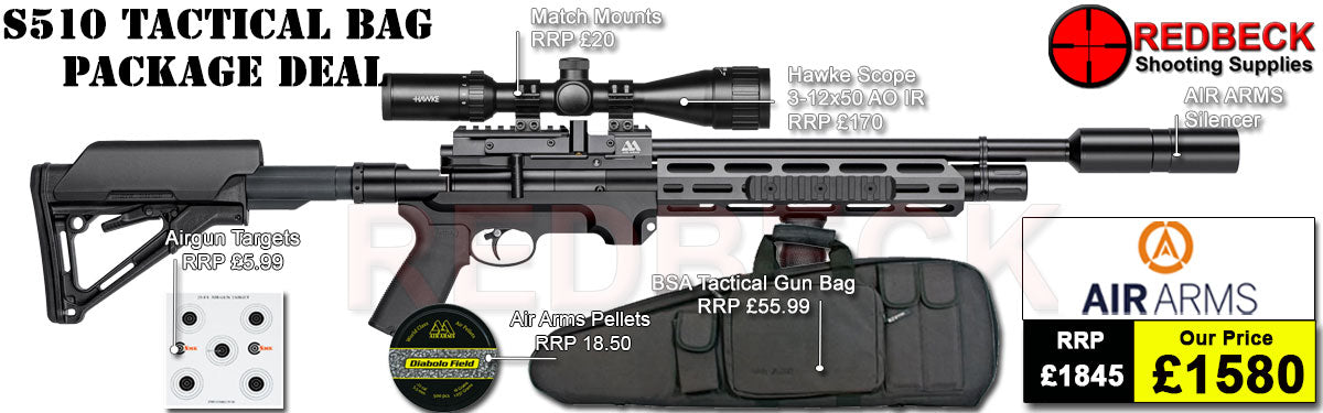 Air Arms S510 Tactical package deal includes a Air Arms Silencer, Hawke 3-12x50 AO IR Scope, Match Mounts, Fill Valve, Pellets, Targets and Air Rifle Bag.