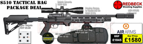 Air Arms S510 Tactical package deal includes a Air Arms Silencer, Hawke 3-12x50 AO IR Scope, Match Mounts, Fill Valve, Pellets, Targets and Air Rifle Bag.