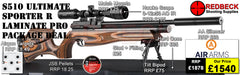 Air Arms s510 R ultimate sporter regulated with laminate stock. This Air Rifle package deal includes Hawke scope 3-12x50AO IR, match mounts airgun hardcase, bipod targets and pellets.