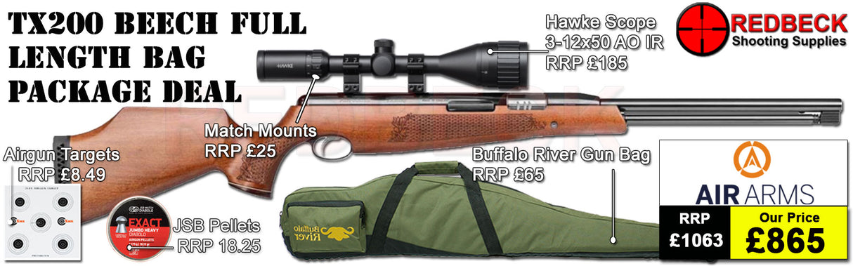 Air Arms TX200 Beech air rifle
Hawke 3-12x50 AO IR Scope
Match Mounts
Buffalo River Gun Bag