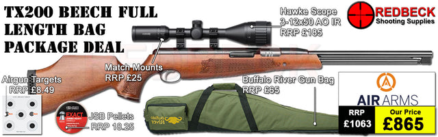 Air Arms TX200 Beech air rifle
Hawke 3-12x50 AO IR Scope
Match Mounts
Buffalo River Gun Bag