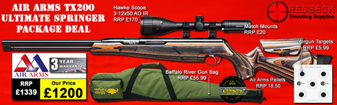 Air Arms TX200 Ultimate Springer with Laminate Stock Full Length Package Deal. The deal includes air rifle, Hawke 3-12x50 scope, match mounts, air arms pellets, buffalo river bag and targets.
