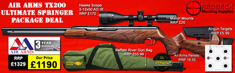 Air Arms TX200 Ultimate Springer Full Length with Walnut Stock Package Deal features: Hawke 3-12x50 AO IR Scope, Match Mounts, Buffalo River Gun Bag, Pellets and targets.