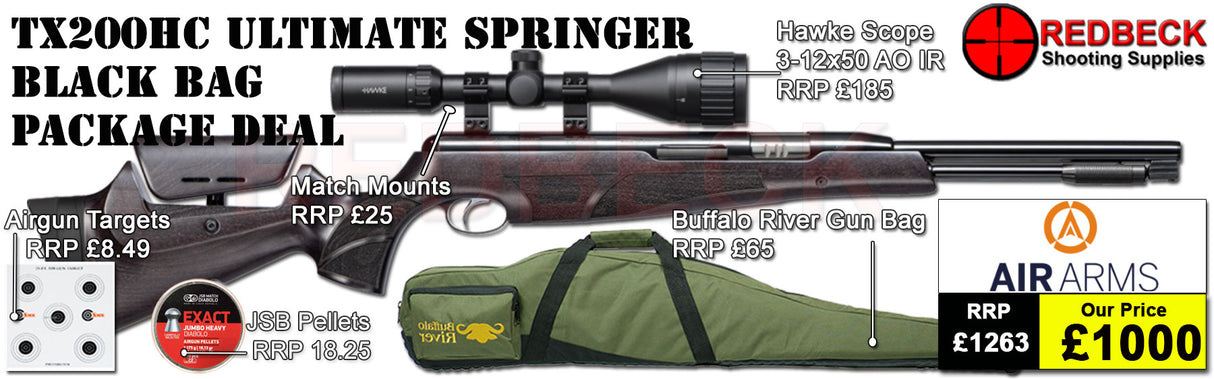 Air Arms TX200HC Hunter Carbine Ultimate Springer Black Stock air rifle
Hawke 3-12x50 AO IR Scope
Match Mounts
Buffalo River Gun Bag