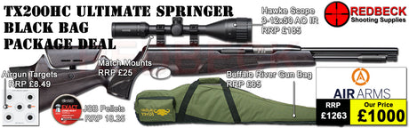 Air Arms TX200HC Hunter Carbine Ultimate Springer Black Stock air rifle
Hawke 3-12x50 AO IR Scope
Match Mounts
Buffalo River Gun Bag