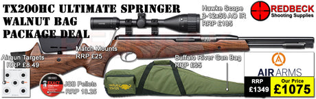 Air Arms TX200HC Hunter Carbine Ultimate Springer Walnut Stock air rifle
Hawke 3-12x50 AO IR Scope
Match Mounts
Buffalo River Gun Bag