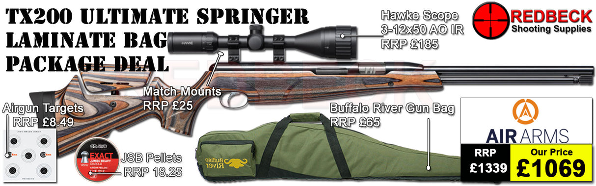 Air Arms TX200 Ultimate Springer Laminate Stock air rifle
Hawke 3-12x50 AO IR Scope
Match Mounts
Buffalo River Gun Bag
JSB Pellets
Targets