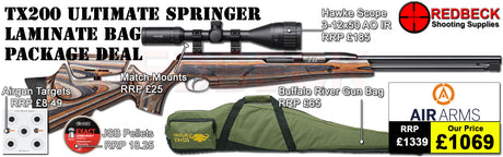 Air Arms TX200 Ultimate Springer Laminate Stock air rifle
Hawke 3-12x50 AO IR Scope
Match Mounts
Buffalo River Gun Bag
JSB Pellets
Targets
