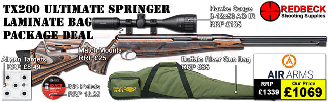 Air Arms TX200 Ultimate Springer Laminate Stock air rifle
Hawke 3-12x50 AO IR Scope
Match Mounts
Buffalo River Gun Bag
JSB Pellets
Targets