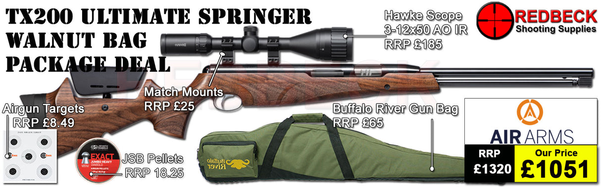 Air Arms TX200 Ultimate Springer with&nbsp;Walnut Stock air rifle
Hawke 3-12x50 AO IR Scope
Match Mounts
Buffalo River Gun Bag