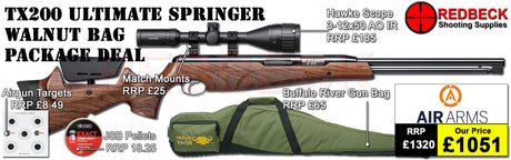 Air Arms TX200 Ultimate Springer with&nbsp;Walnut Stock air rifle
Hawke 3-12x50 AO IR Scope
Match Mounts
Buffalo River Gun Bag
