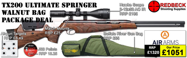 Air Arms TX200 Ultimate Springer with&nbsp;Walnut Stock air rifle
Hawke 3-12x50 AO IR Scope
Match Mounts
Buffalo River Gun Bag