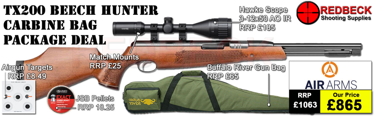 Air Arms TX200 HC Beech air rifle
Hawke 3-12x50 AO IR Scope
Match Mounts
Buffalo River Gun Bag