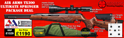 Air Arms TX200HC Hunter Carbine Ultimate Springer with Walnut Stock Package Deal features: Hawke 3-12x50 AO IR Scope, Match Mounts, Buffalo River Gun Bag and Pellets