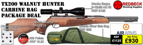 Air Arms TX200 HC Walnut air rifle
Hawke 3-12x50 AO IR Scope
Match Mounts
Buffalo River Gun Bag