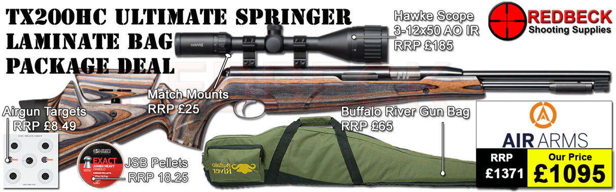 Air Arms TX200HC Hunter Carbine Ultimate Springer Laminate Stock air rifle
Hawke 3-12x50 AO IR Scope
Match Mounts
Buffalo River Gun Bag
JSB Pellets
Targets