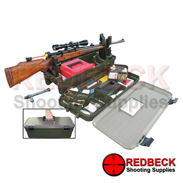 The Air rifle and Airgun cleaning and maintenance box is ideal for carrying all you cleaning and airgun accessories in one box. Picture shows box open with two arms holding an air rifle.
