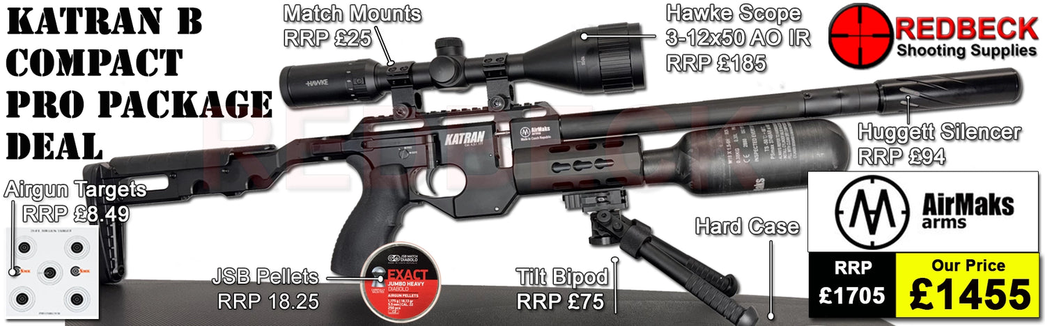 Air Maks Katran B Compact air rifle with black tactical stock Po Hardcase Package Deal. This package comes with weaver bipod, hawke 3-12x50 scope, match mounts, huggett belita silencer, pellets and targets.