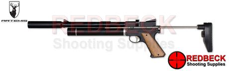 ARTEMIS PP750L Left Hand Side View Showing The Air Pistol With The Moderator Attached That Is Included In The Box. 