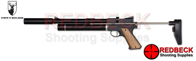 ARTEMIS PP750L Left Hand Side View Showing The Air Pistol With The Moderator Attached That Is Included In The Box. 