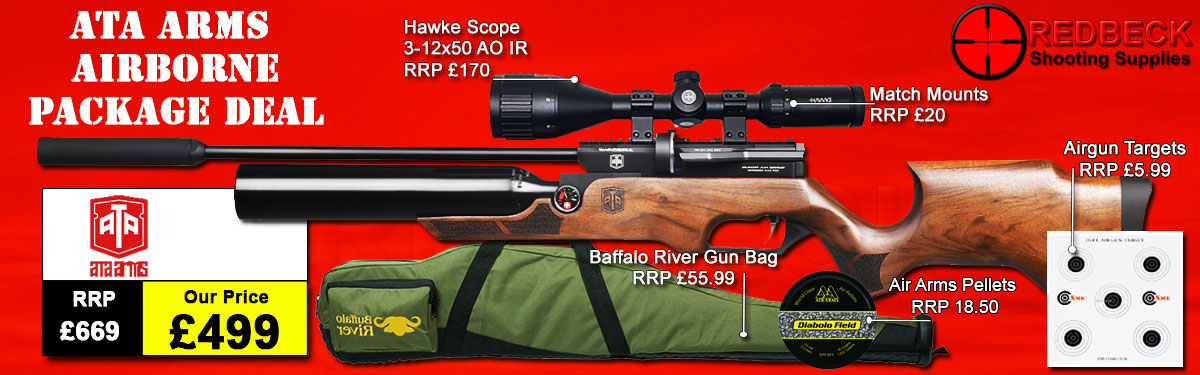 ATA Airborne Regulated PCP Air Rifle with Walnut Stock Bag Package includes the ATN Airborne Walnut Stocked air rifle, ATN Silencer, Hawke 3-12x50 AO IR Scope, Match Mounts, Fill Valve, Pellets, Targets and Buffalo River Bag