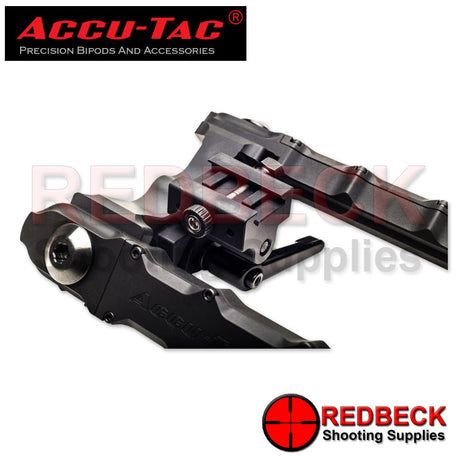 Accu-Tac HD-50 Rifle And Air Rifle Bipod 7-10-Inch Close Up View Showing The Picatinny Mount and A Glimpse Of The Accu-Tac Logo Located On The Side Of The Bipod.  