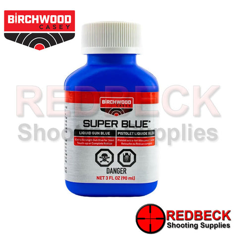 Birchwood Casey Super Blue quickly restores scratched and marred steel areas. It is important to use a good degreaser before applying the liquid. The colour will vary from deep grey to black depending on the alloy.