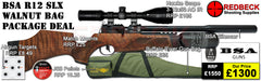 BSA R12 SLX AIR RIFLE WITH WALNUT STOCK AND CARBON BOTTLE, BAG PACKAGE DEAL. THIS PACKAGE DEAL INCLUDES THE BSA r12 walnut airgun, hawke 3-12x50 AO IR scope, match mounts, quality gun bag pellets and targets.